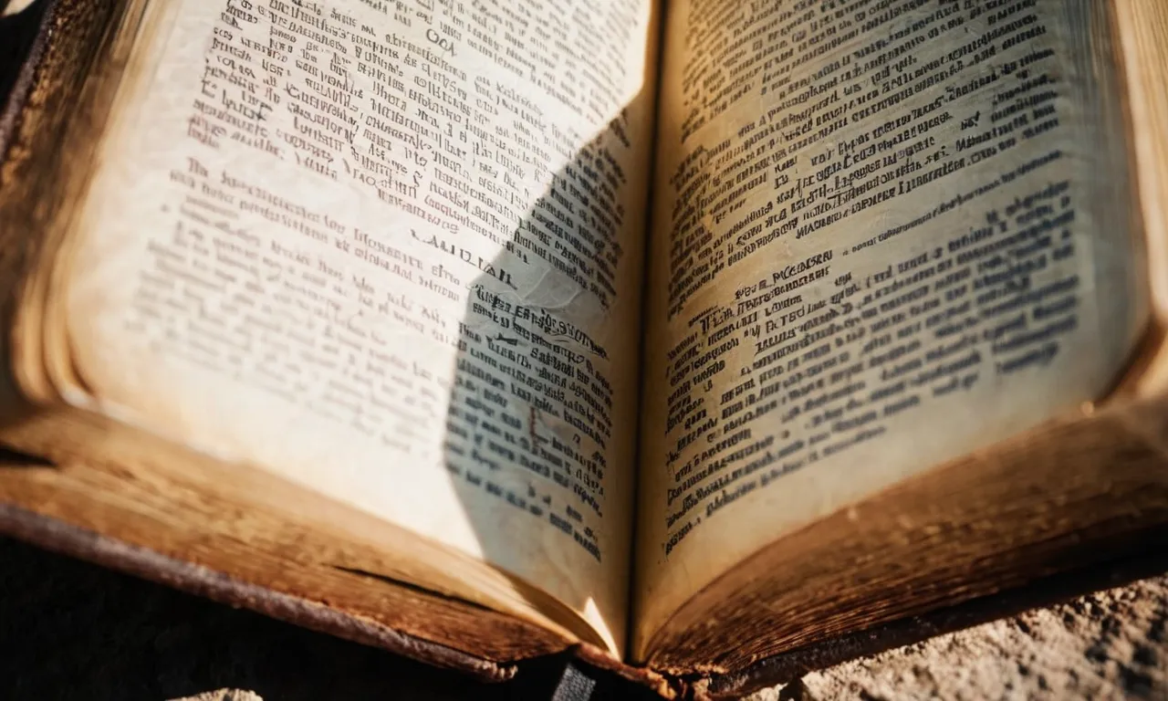 A close-up shot of a weathered Bible, open to the pages of biblical texts mentioning "Mazikeen," highlighting the curious character's enigmatic presence in religious literature.