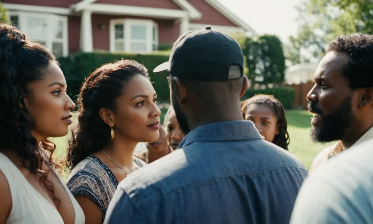 A photo capturing a diverse group of people, huddled together, engaged in a deep conversation, symbolizing the essence of the biblical question "Who is my neighbor?"