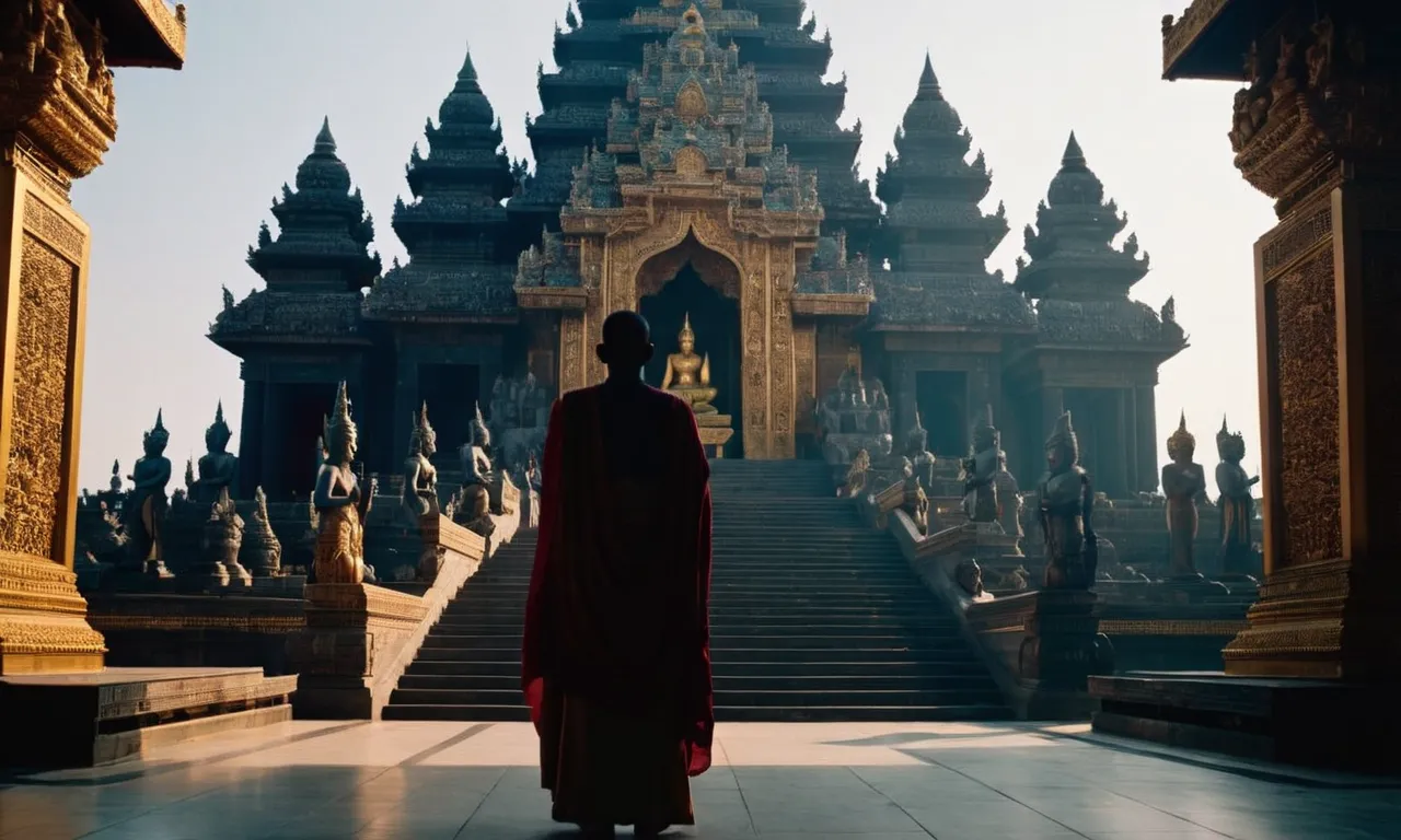 A mystical silhouette of a person, bathed in ethereal light, stands before a grand temple adorned with statues of various gods, their identity hidden, symbolizing the search for one's patron deity.