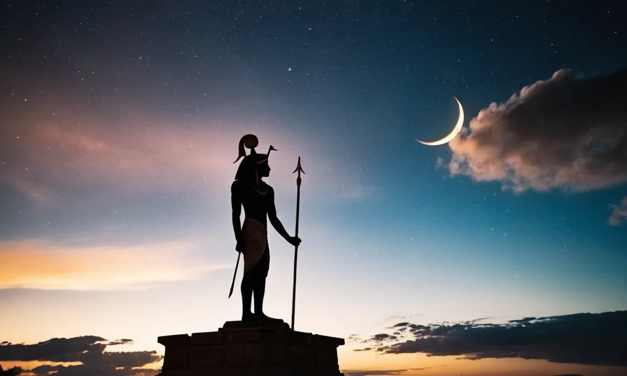 A captivating night sky, adorned with a crescent moon, illuminating the majestic silhouette of the Egyptian god Thoth, guardian of the moon and wisdom.