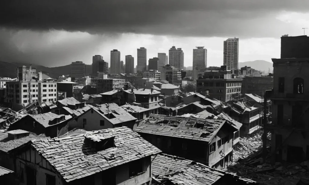 A dramatic black and white image capturing the chaos of a crumbling cityscape, symbolizing the power and fury of the god of earthquakes.