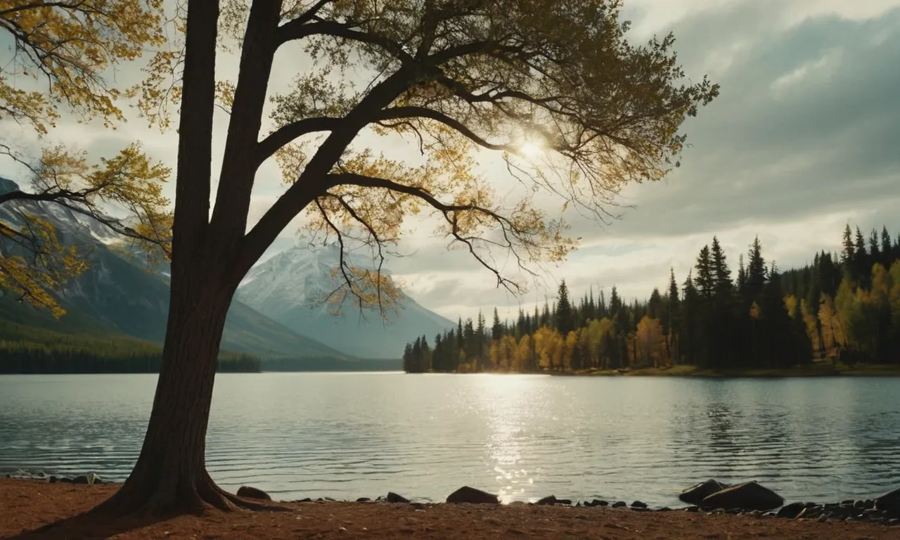 A powerful gust sweeps across a serene landscape, bending trees and stirring up waves on a tranquil lake, capturing the essence of the god of wind in a single frame.