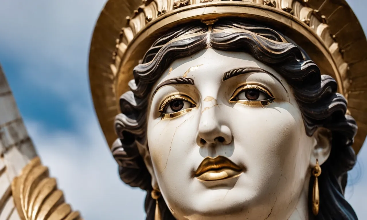 A close-up shot of an ancient statue of Athena, the Greek goddess of wisdom, capturing the intricate details of her serene expression and wise gaze.