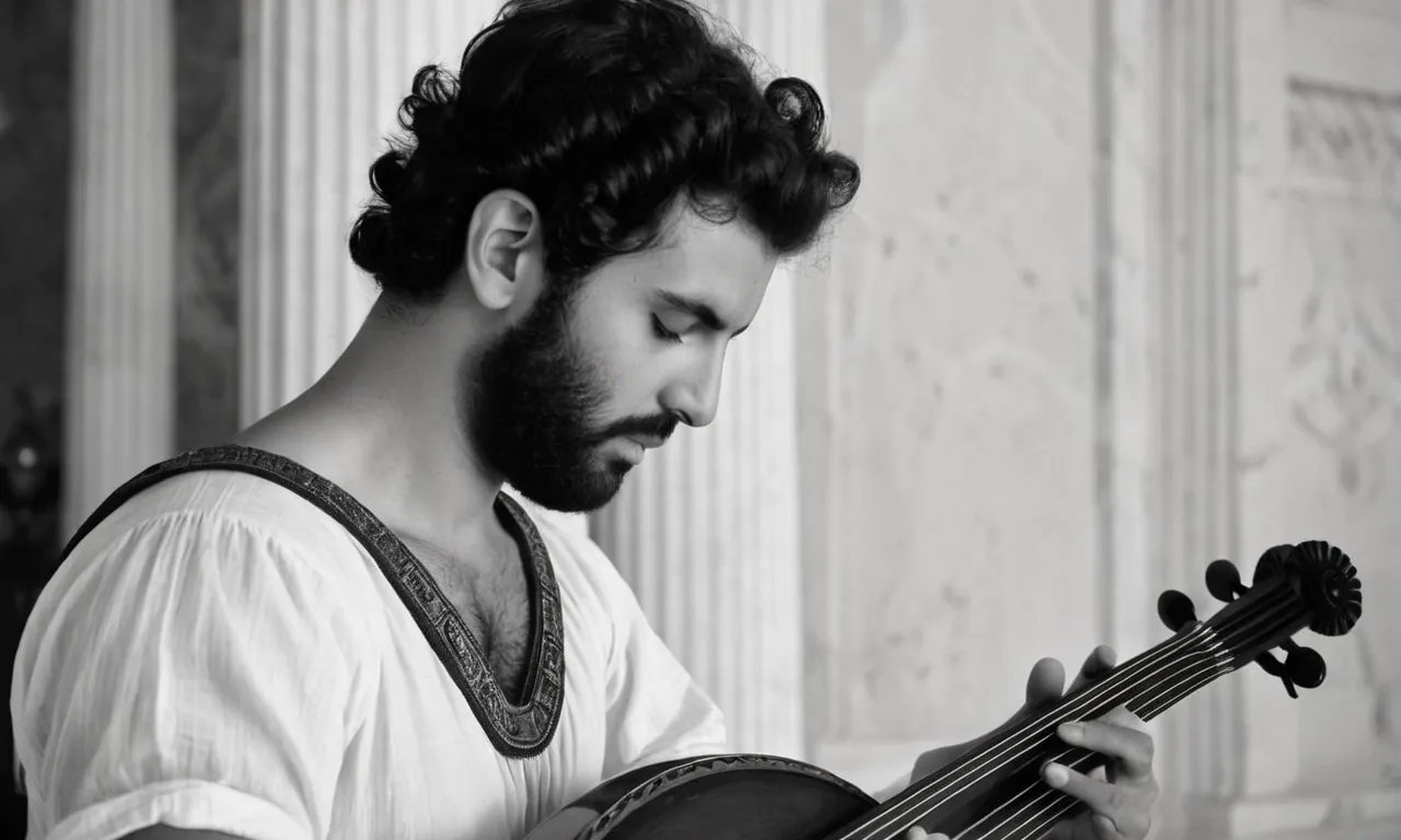 A black and white close-up portrait of a musician passionately playing a lyre, capturing the essence of Apollo, the Greek god of music, in his serene and captivating expression.