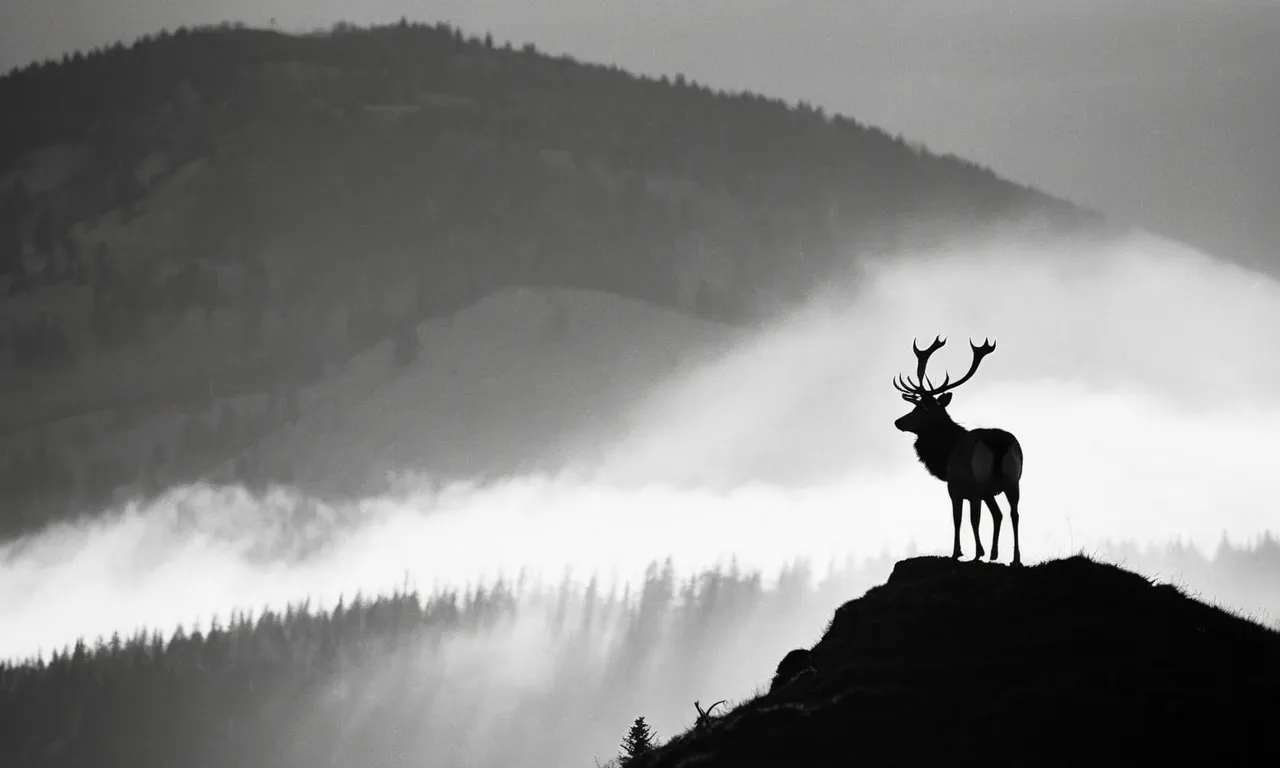 A captivating black and white image: A silhouette of a majestic stag standing atop a mist-covered hill, its antlers reaching towards the heavens, embodying the enigmatic essence of the Horned God.