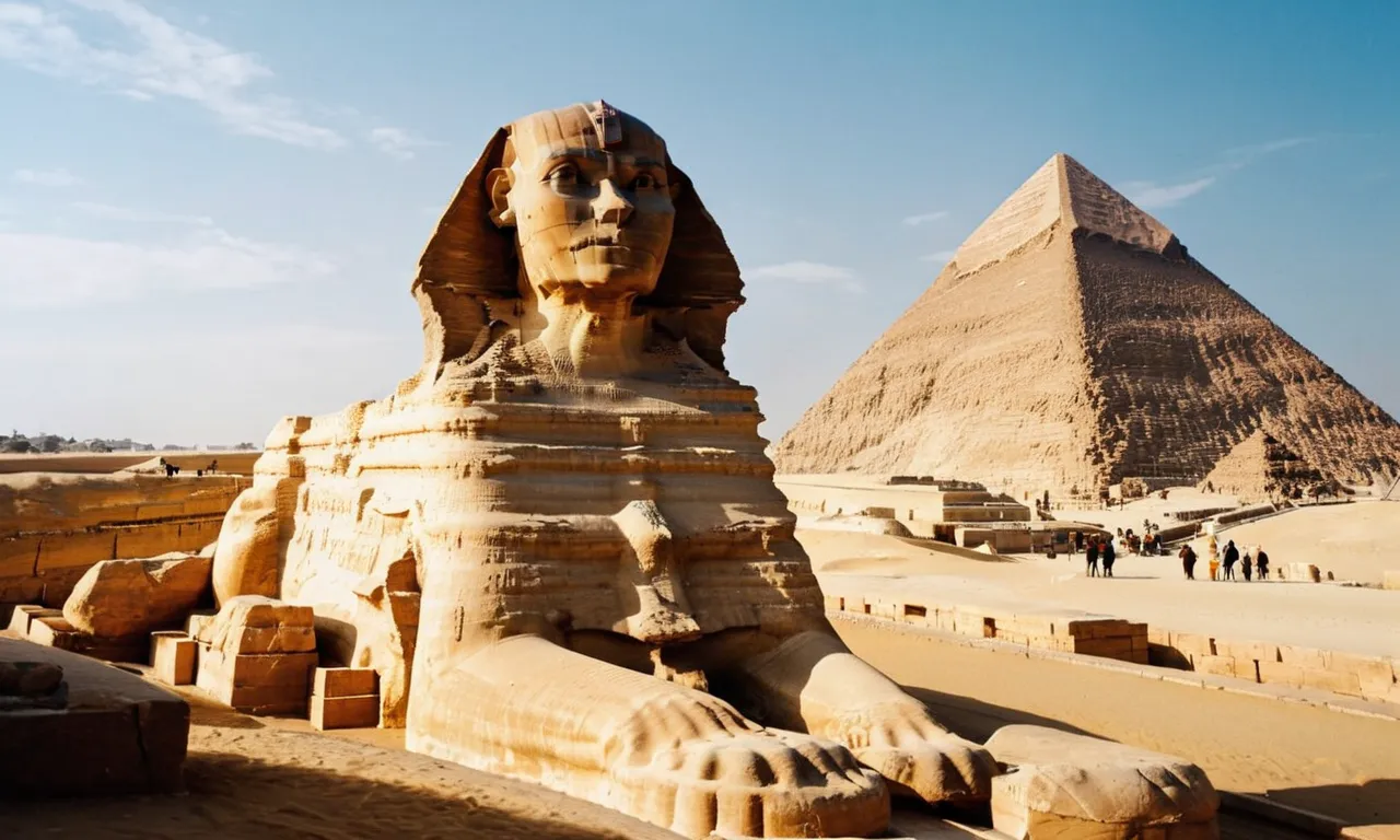 A captivating photo capturing the grandeur of the Great Sphinx of Giza, standing in front of the Pyramids, symbolizing the enigmatic power of the ancient Egyptian god, Ra.