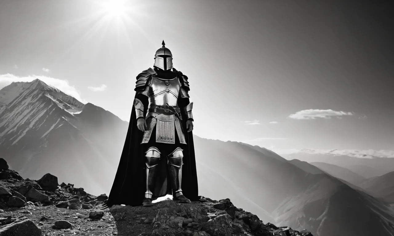 A black and white image captures a solitary figure, adorned in ethereal armor, standing atop a mountain peak, radiating power and wisdom, embodying the essence of the strongest god.