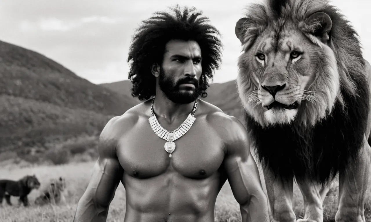 A black and white photo captures a muscular figure, adorned with a lion's skin, standing tall with a jawbone of an animal in hand, representing the biblical strongman, Samson.