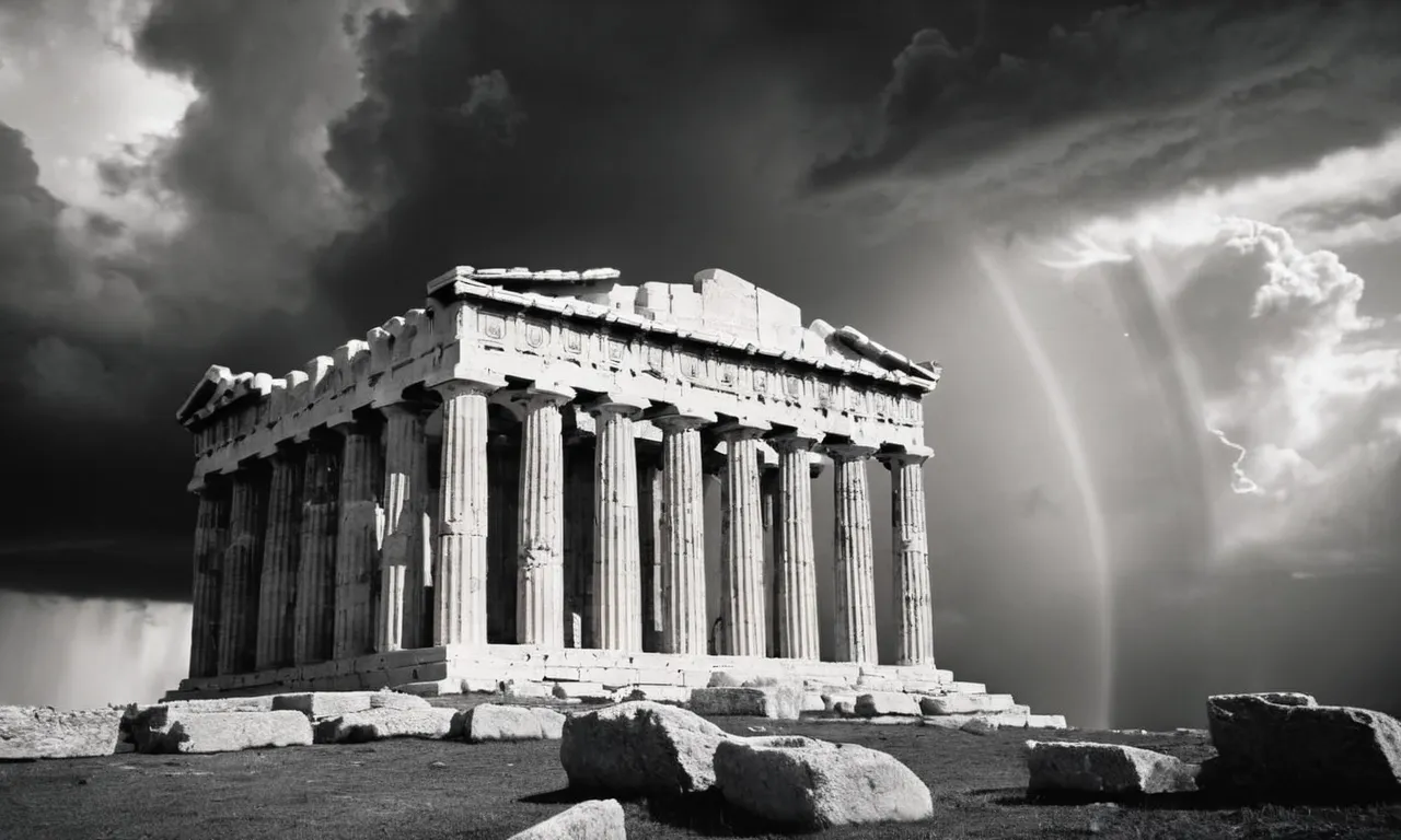 A black and white photo of an ancient Greek temple surrounded by storm clouds, evoking the power and mystery of Zeus, juxtaposed with a Bible open to a page discussing divine beings.