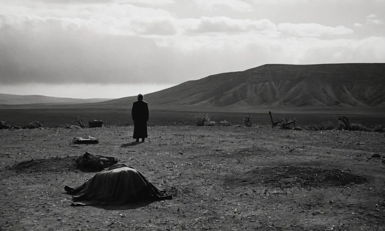 A haunting black-and-white photograph captures a desolate landscape, with a lone figure standing over a lifeless body, symbolizing the tragic consequences of fratricide from the biblical story of Cain and Abel.