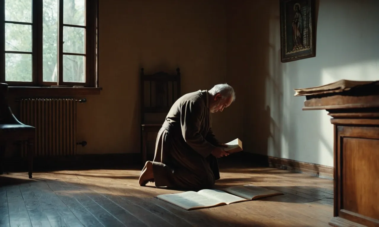 A dimly lit room with a solitary figure kneeling, their face filled with grief, as a shaft of light from a window illuminates a torn page from the Bible, symbolizing the tragic loss of a son.