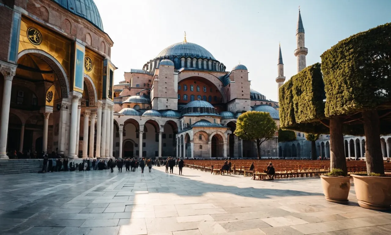 A photo capturing the majestic Hagia Sophia in Istanbul, showcasing its grandeur and architectural brilliance, symbolizing the shift of power and the relocation of the Roman Empire's capital from Rome to Byzantium.