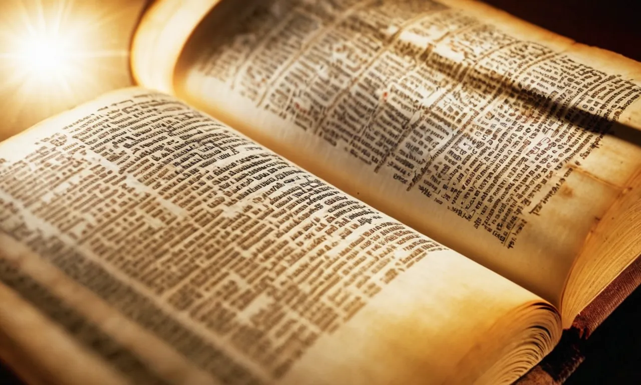 A close-up photo capturing an ancient scripture, revealing the names of biblical figures who never died, surrounded by rays of divine light, symbolizing their eternal existence.