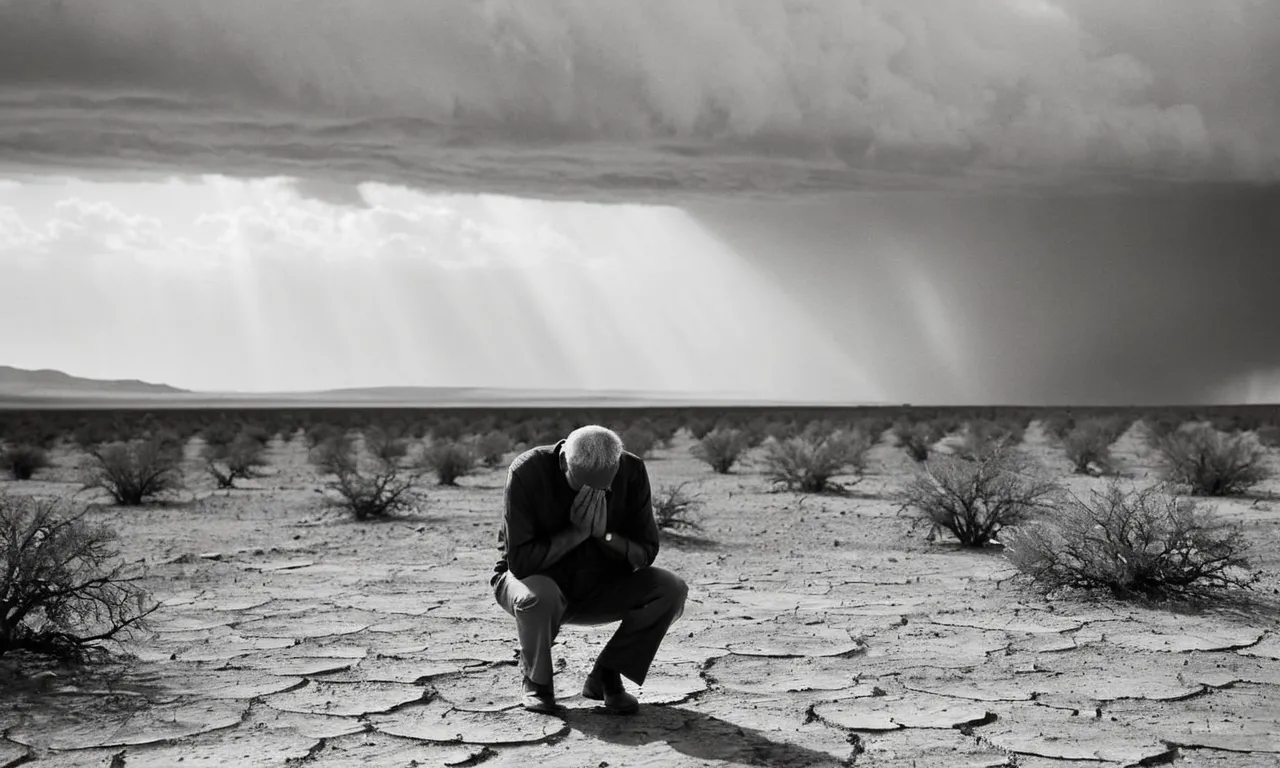 A black and white image capturing a solitary figure, head bowed, hands clasped, praying fervently amidst a parched landscape, symbolizing the biblical plea for rain.