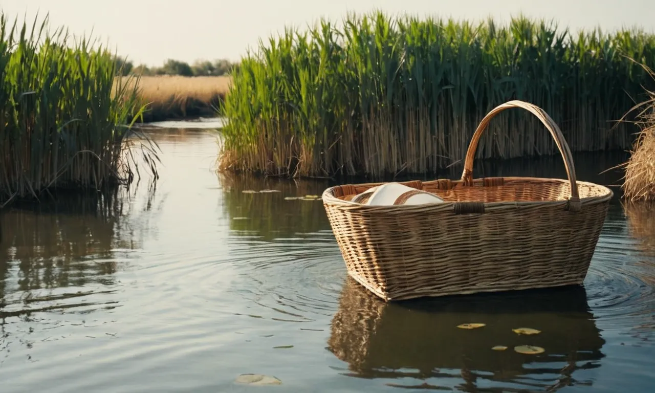 A photo capturing a serene scene of the riverbank, showcasing a basket gently floating amidst the reeds, symbolizing the pivotal moment when Moses was discovered and raised by Pharaoh's daughter.