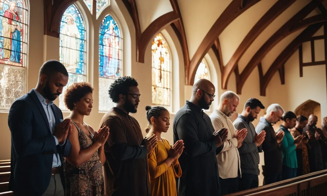 A photo capturing a diverse group of people, heads bowed in prayer, displaying unity and compassion, while rays of light shine through a stained glass window, symbolizing the divine blessing upon us all.