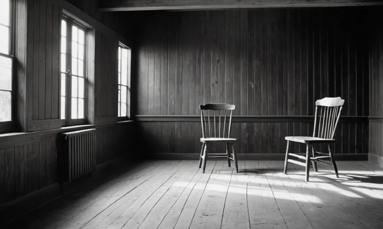 A black and white image captures a solitary figure seated on a worn wooden chair, bathed in ethereal light, at the left hand of a majestic and unseen presence.