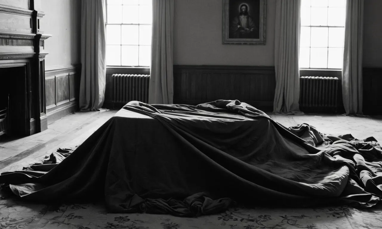 A black and white photograph capturing the essence of a desolate room, a discarded bedsheet in disarray, symbolizing the complex and controversial story of Tamar and Judah from the Bible.