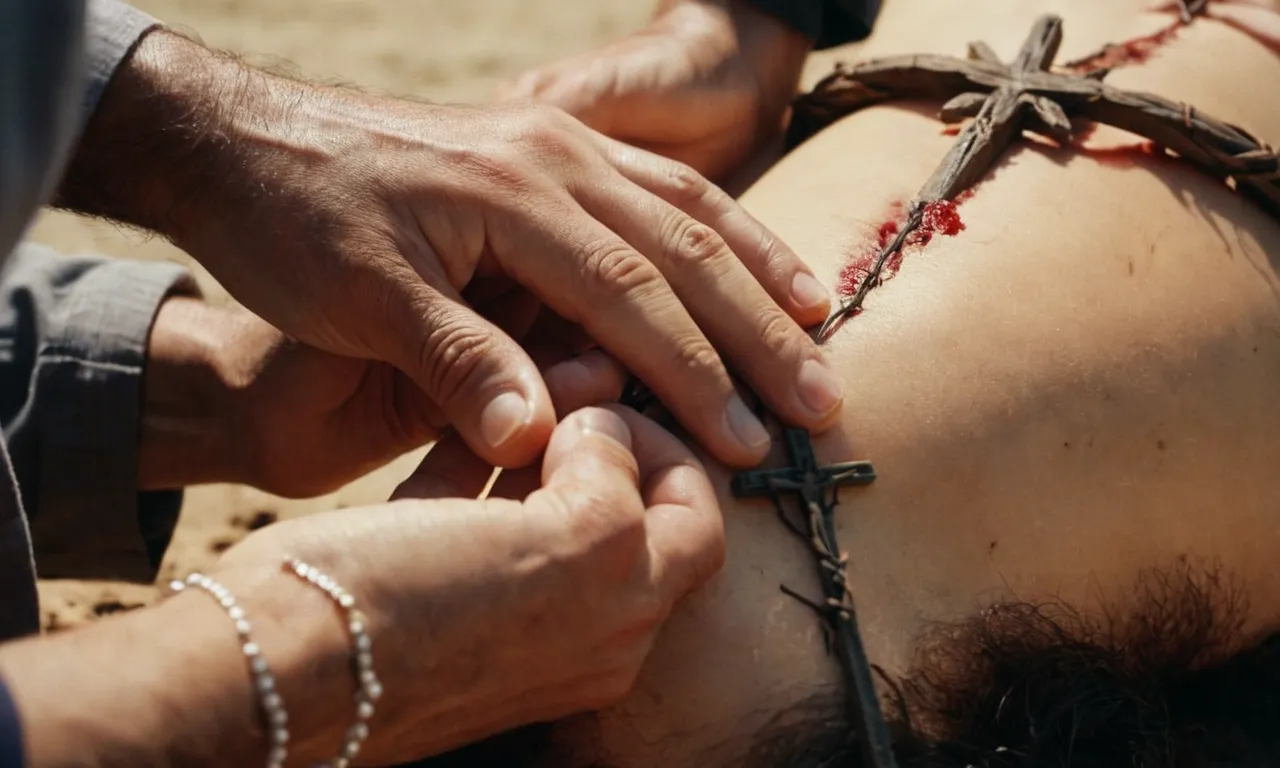 A close-up photograph capturing a pair of gentle hands, tenderly removing the nails from the crucifixion wounds on Jesus' feet, symbolizing the compassionate act of taking Jesus off the cross.