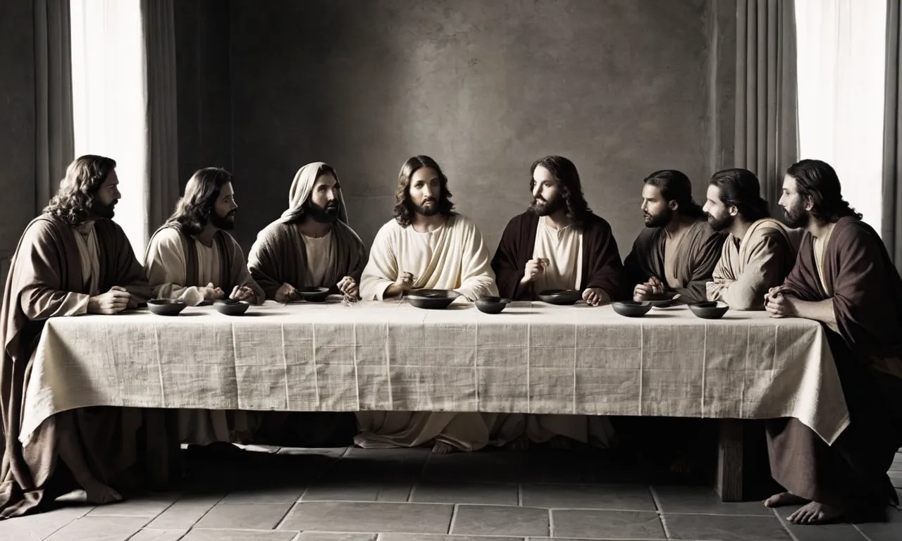 A mesmerizing black and white photograph captures Jesus and his twelve disciples seated around a table, their expressions shrouded in mystery, evoking the historical moment of the Last Supper.