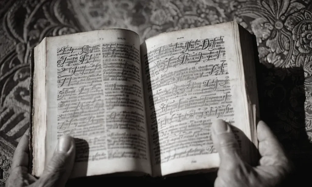 A black and white close-up photo of a pair of aged hands holding a worn-out Bible, highlighting the verse "Who was blind, but now I see" in delicate calligraphy.