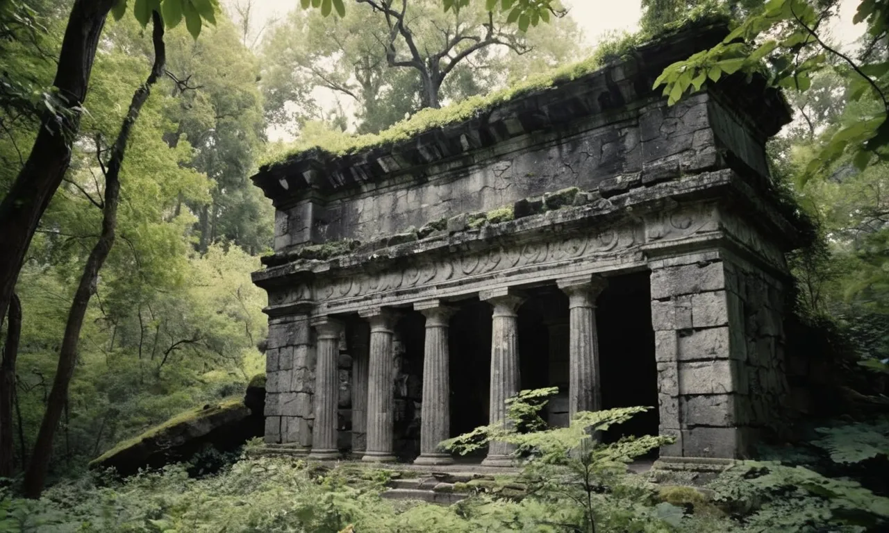 A black and white photograph captures an ancient, weathered stone structure nestled amidst dense foliage, invoking a sense of mystery and contemplation about the existence of beings predating the concept of God.