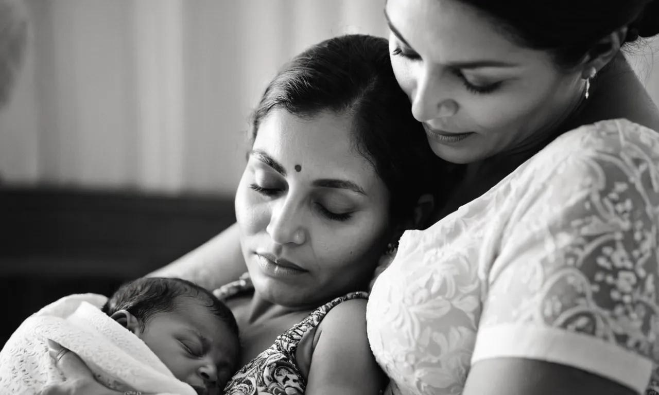 A black and white photo capturing the serene face of Sarah, Isaac's mother, as she tenderly cradles her newborn son, emanating love and hope in their eyes.