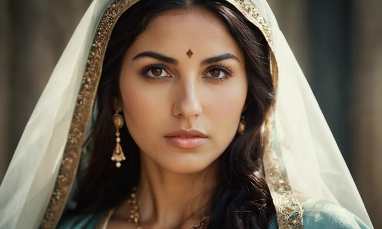 A photo of a serene woman, embodying strength and vulnerability, her eyes filled with love and hope, reminiscent of the wife of Jairus in the Bible.