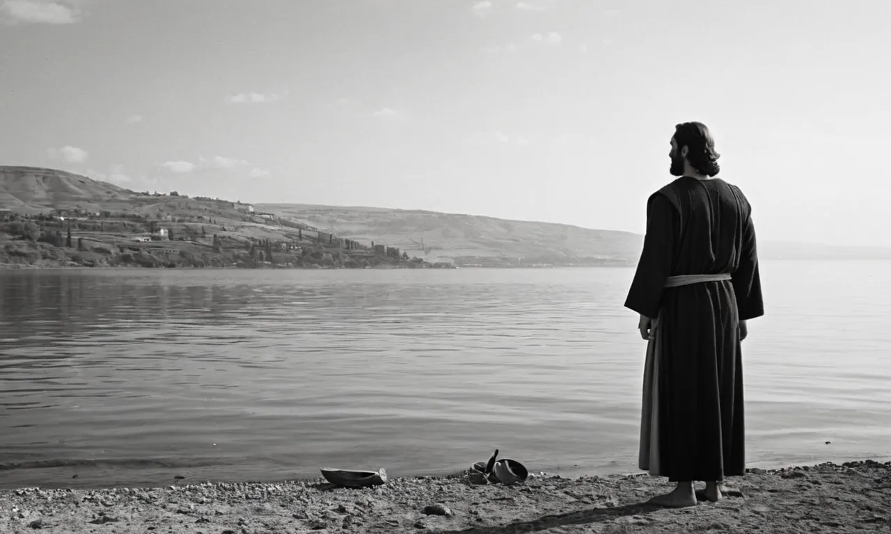 A black and white photo capturing a serene scene at the Sea of Galilee, depicting Jesus standing on the shore, while Peter, his first disciple, kneels before him in reverence.
