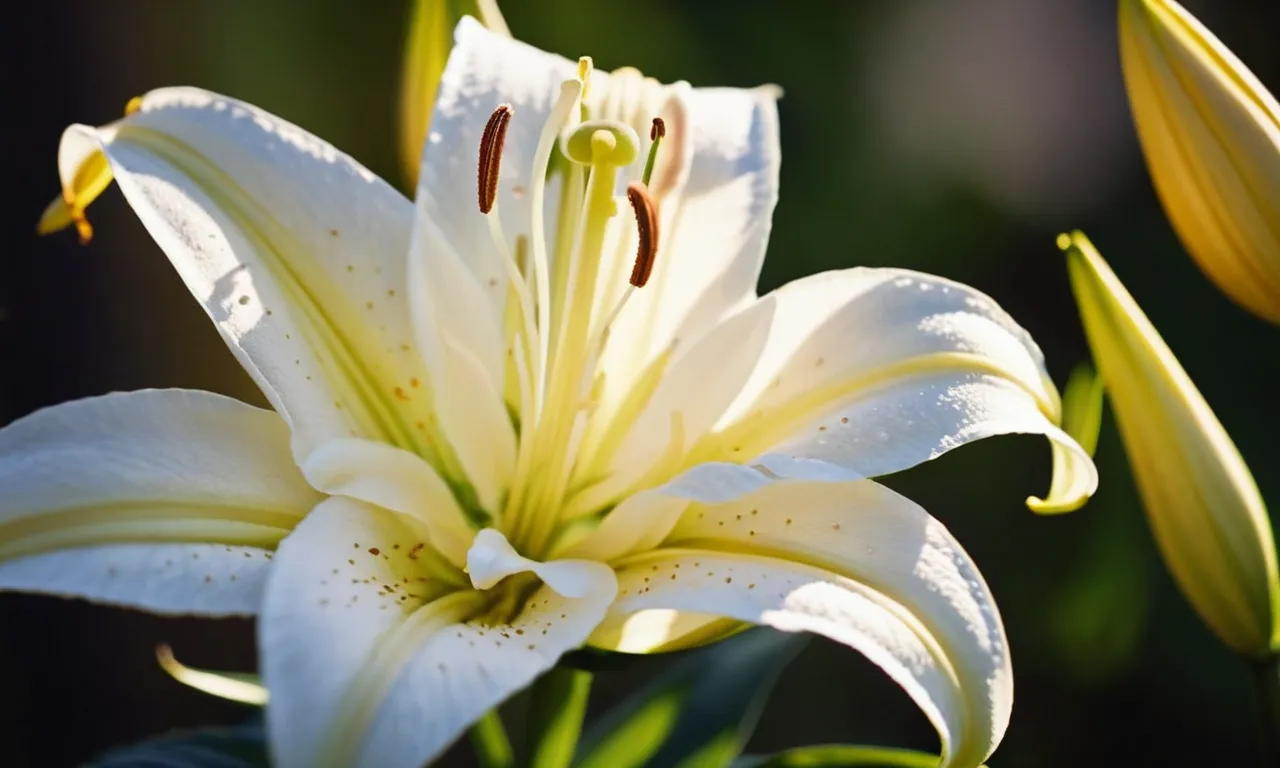 A close-up shot of a delicate lily blossom, bathed in soft golden light, symbolizing purity and grace, reminiscent of the biblical figure, Lily, with an air of mystery and divine beauty.