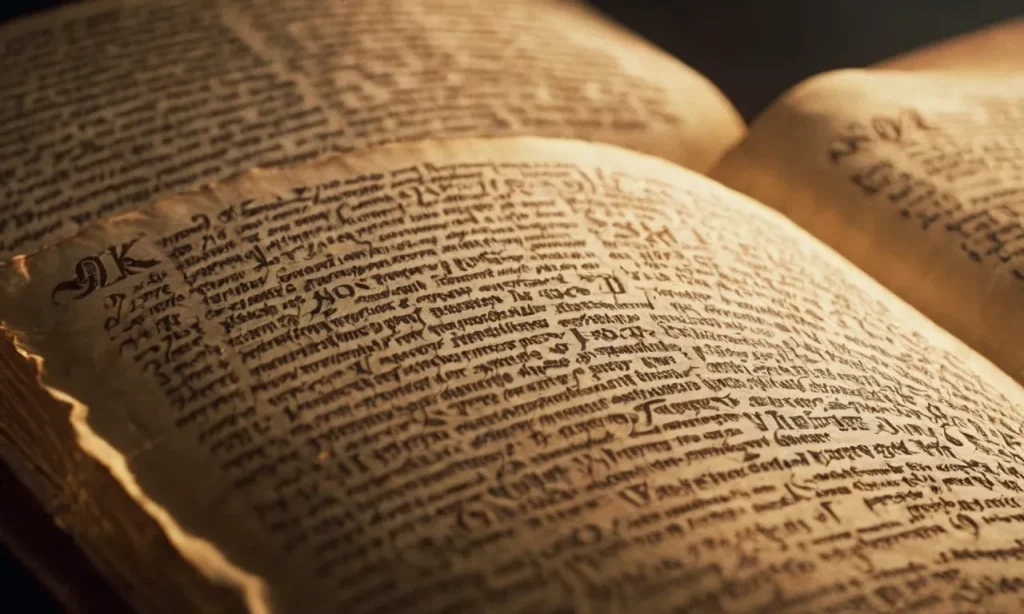 A close-up photo of an ancient script, showcasing the Gospel of Mark, illuminated by a beam of sunlight, symbolizing his significant role as one of the four Gospel writers in the Bible.