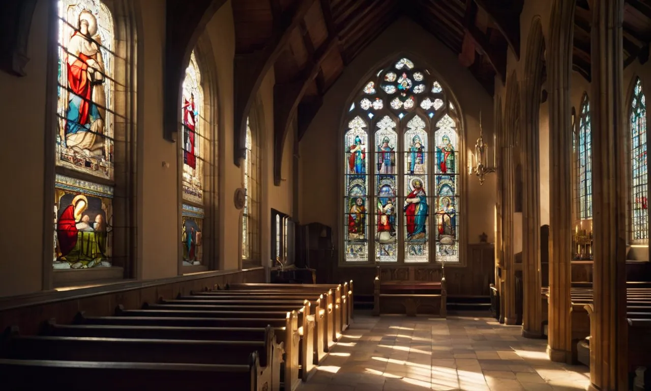 A solitary beam of sunlight pierces through the ancient stained glass window, illuminating an empty pew, symbolizing the eternal existence of the one who was never born and never died in the Bible.