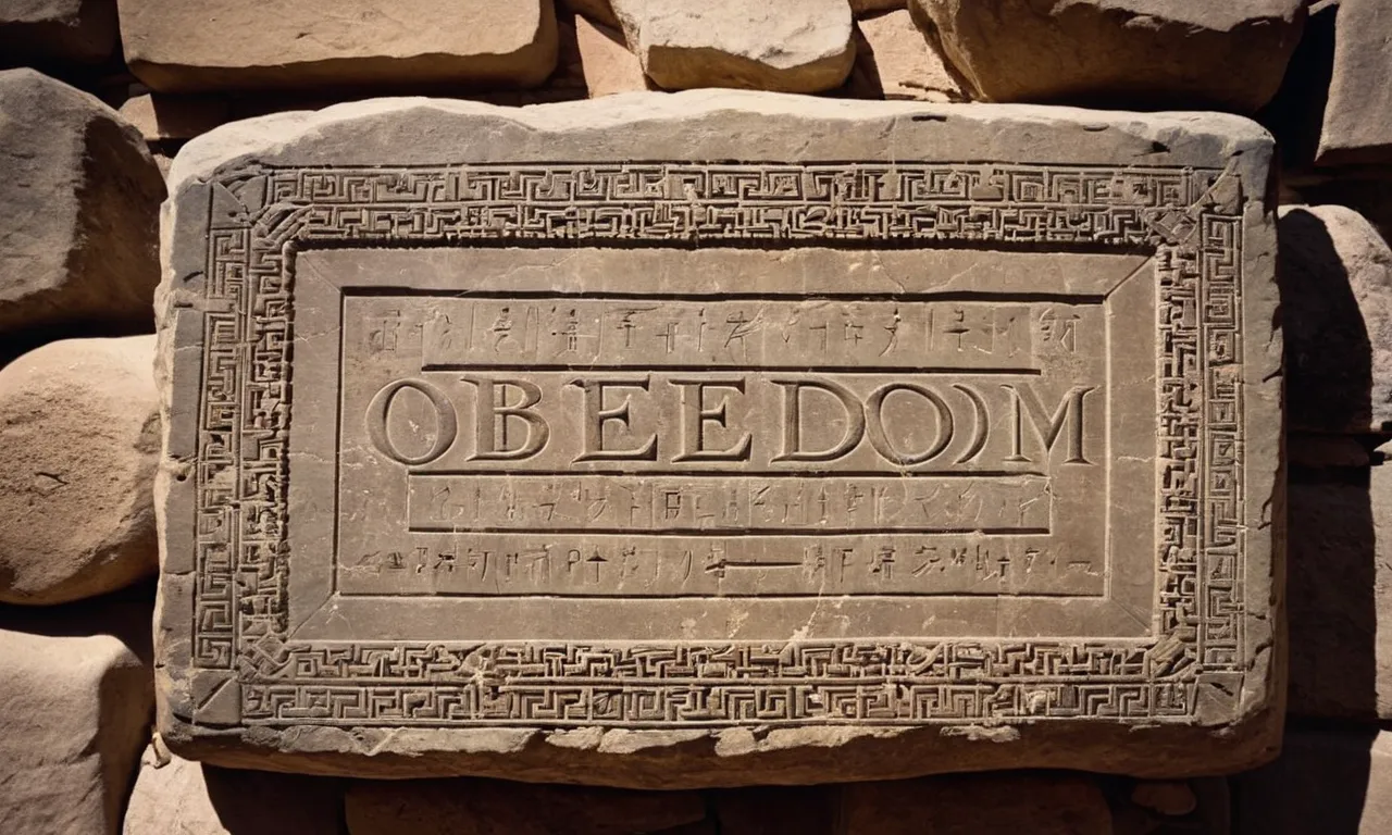 A photo of an ancient stone tablet with the inscription "Obed-Edom" engraved on it, representing the historical significance of this biblical figure in a visually captivating manner.