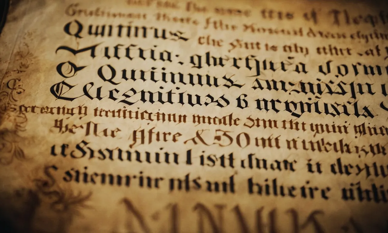 A close-up photo of an ancient parchment with the name "Quintus" handwritten in elegant calligraphy, surrounded by faded biblical verses and symbols, evoking intrigue and curiosity.