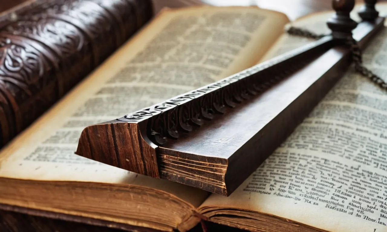 A close-up photograph of a wooden saw, lying on an ancient book open to the page describing the story of Samson, who was famously sawed in half in the Bible.