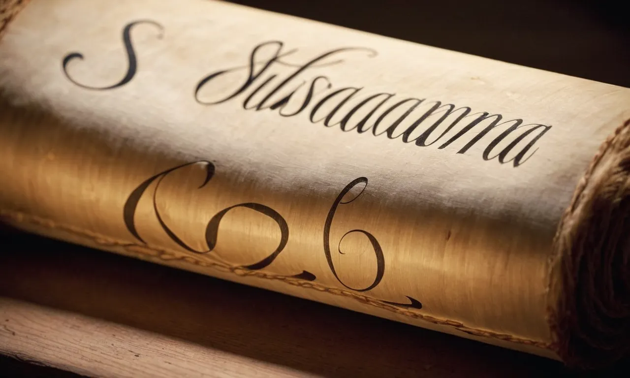 A close-up photo of an aged wooden scroll, illuminated by a soft beam of light, revealing the name "Susanna" in elegant calligraphy, symbolizing her significance in biblical history.