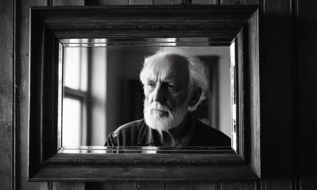 A solemn black and white portrait of an aged mirror, cracked and weathered, symbolizing introspection and revealing the faceless reflection of biblical figures, reflecting the profound hypocrisy they harbored.