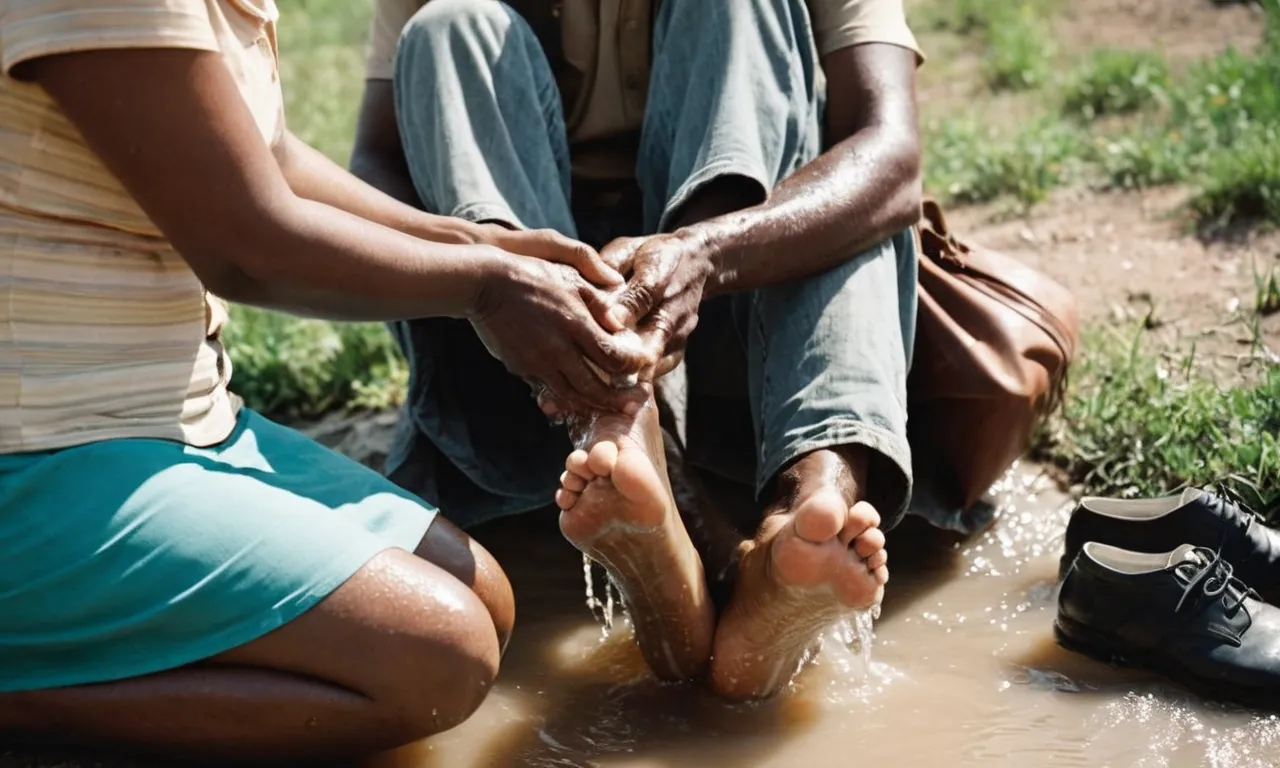 A photo capturing a pair of weathered hands gently washing the feet of a weary traveler, symbolizing humility, compassion, and the act of servant leadership, reminiscent of the biblical story of Jesus having his feet washed.