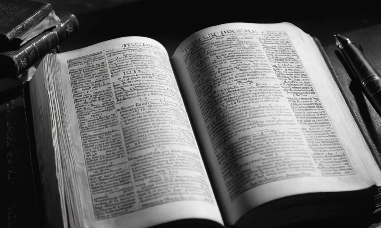 A black and white photo capturing a worn leather-bound book, opened to a page depicting the names of the biblical judges, illuminated by a soft ray of light highlighting their significance.