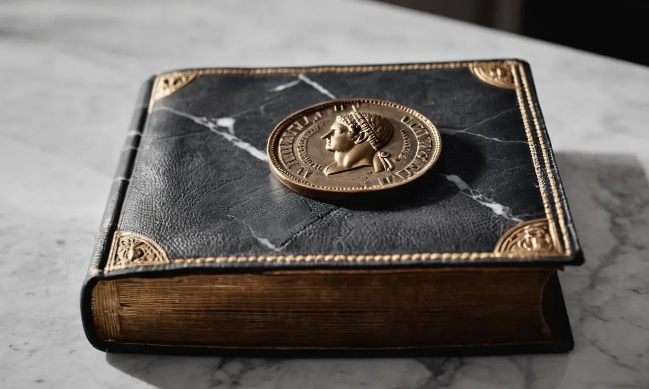 A black and white photo capturing an ancient Roman coin, a worn leather-bound Bible, and a marble statue of Julius Caesar, evoking the historical connection between the Romans and biblical narratives.
