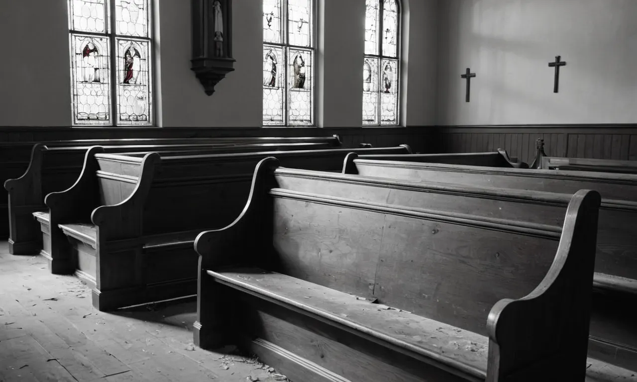 A black and white photo of a desolate church pew, empty and abandoned, symbolizing the absence of those deemed unworthy of heaven by biblical standards.