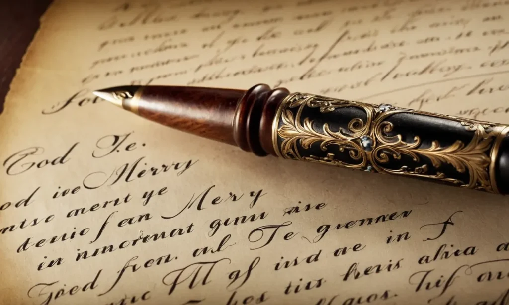 A close-up image of an antique quill pen resting on a sheet of parchment, with the handwritten lyrics of "God Rest Ye Merry Gentlemen" beautifully written in delicate calligraphy.
