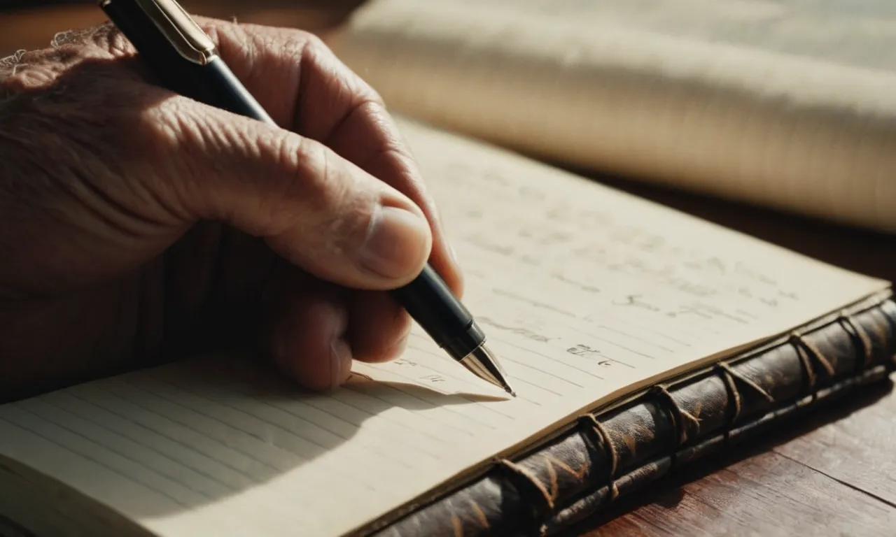 A close-up photo of an aged hand gripping a worn-out pen, poised above a crumpled notebook, capturing the essence of the writer who penned the heartfelt words of "How Great is Our God."