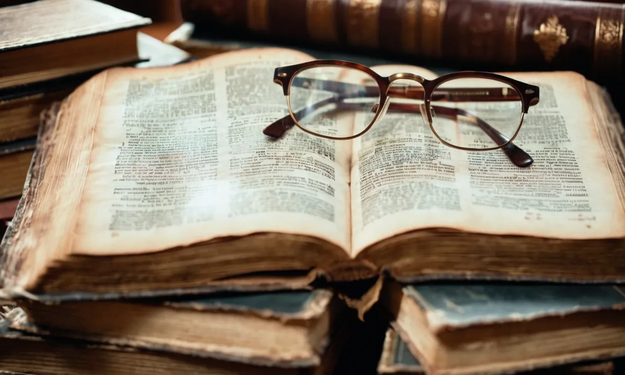A photo showcasing a worn-out ancient manuscript of the Bible, surrounded by stacks of books and a pair of spectacles, symbolizing the scholarly pursuit of understanding its origins and authorship.