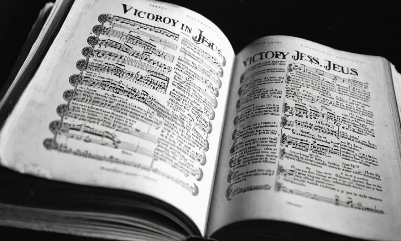 A black and white photo capturing a worn-out hymn book open to the page with the lyrics of "Victory in Jesus," emphasizing its importance as a source of inspiration and faith.