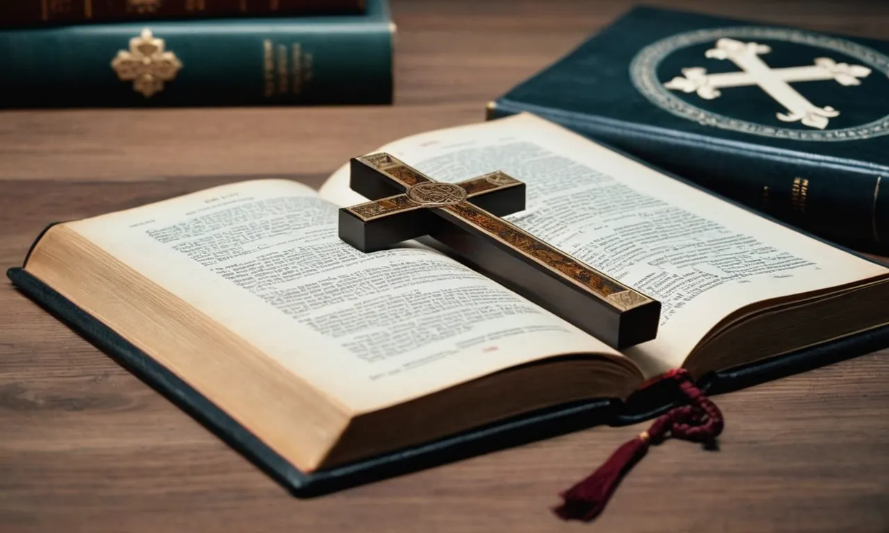 A photo showcasing diverse religious symbols, including a cross, alongside an open book representing knowledge and questioning, symbolizing the idea that no single religion holds the ultimate truth.
