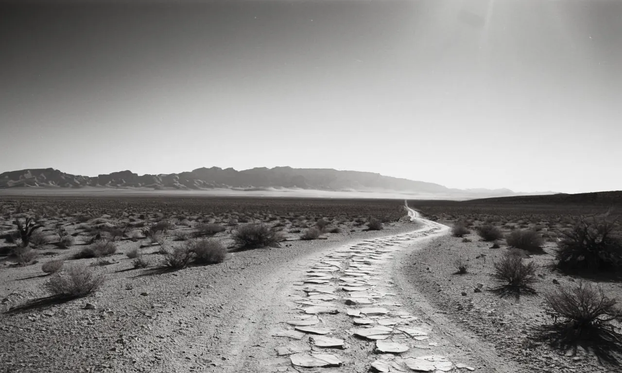 A captivating black and white image displays a winding path through a barren desert, symbolizing the arduous journey of the Israelites as described in the "why did an 11-day journey took 40 years" Bible verse.