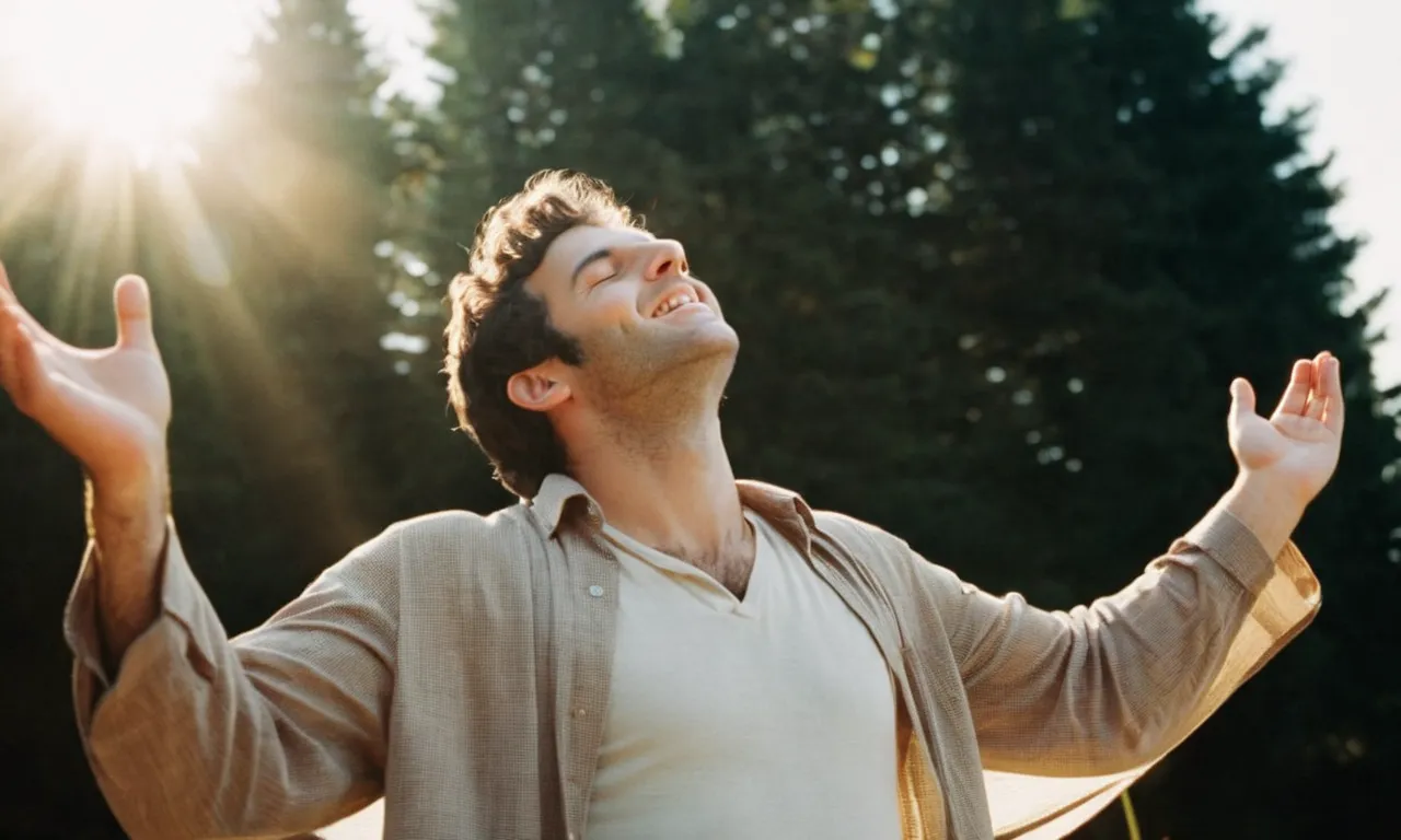 A photo capturing David, bathed in sunlight, eyes closed, hands lifted high in worship, radiating pure joy and gratitude towards the heavens, exuding a profound connection with God.