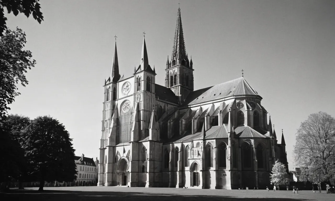 A captivating black and white image depicts a medieval European cathedral, bathed in soft sunlight, symbolizing Europe's desire to spread Christianity as a beacon of spiritual and cultural dominance.