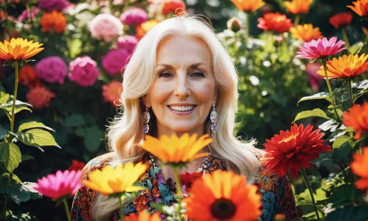 A photo capturing a radiant, mature woman named Sarah, surrounded by vibrant flowers, symbolizing God's transformative power and the blossoming of her purpose.